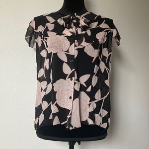 Pink + Black Sheer Floral Button-Up Blouse w/ Neck Tie - Apostrophe